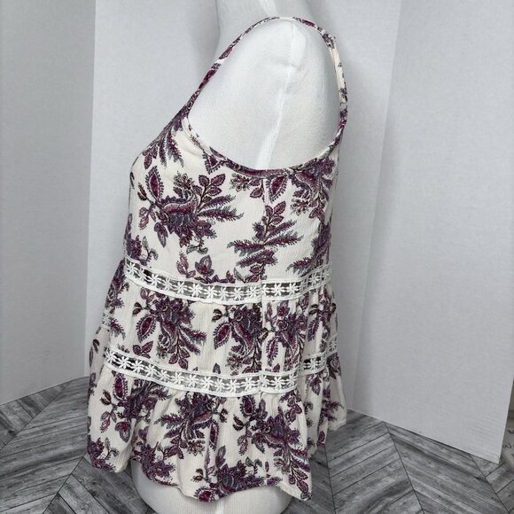 Love & Piece Wine and White Smocked Cropped Tank Spaghetti Strap Lace BOHO EUC - Picture 3 of 8